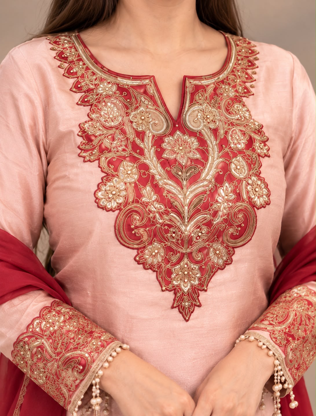 Metallic Red Party Wear Suit with Farshi Salwar