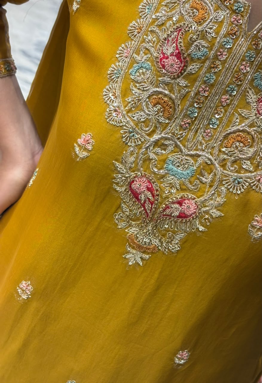 Mustard Yellow Embroidered Palazzo Suit Set