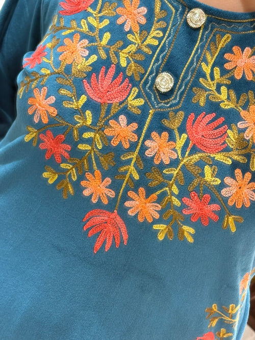 Blue Floral Embroidered Winter Co-ord Set