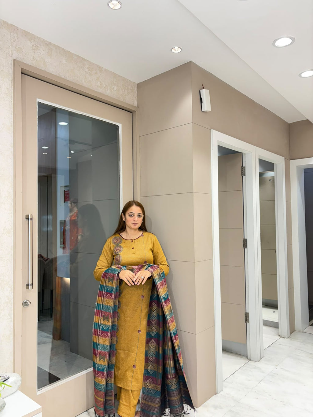 Mustard Embroidered Winter Suit with Multicolour Dupatta