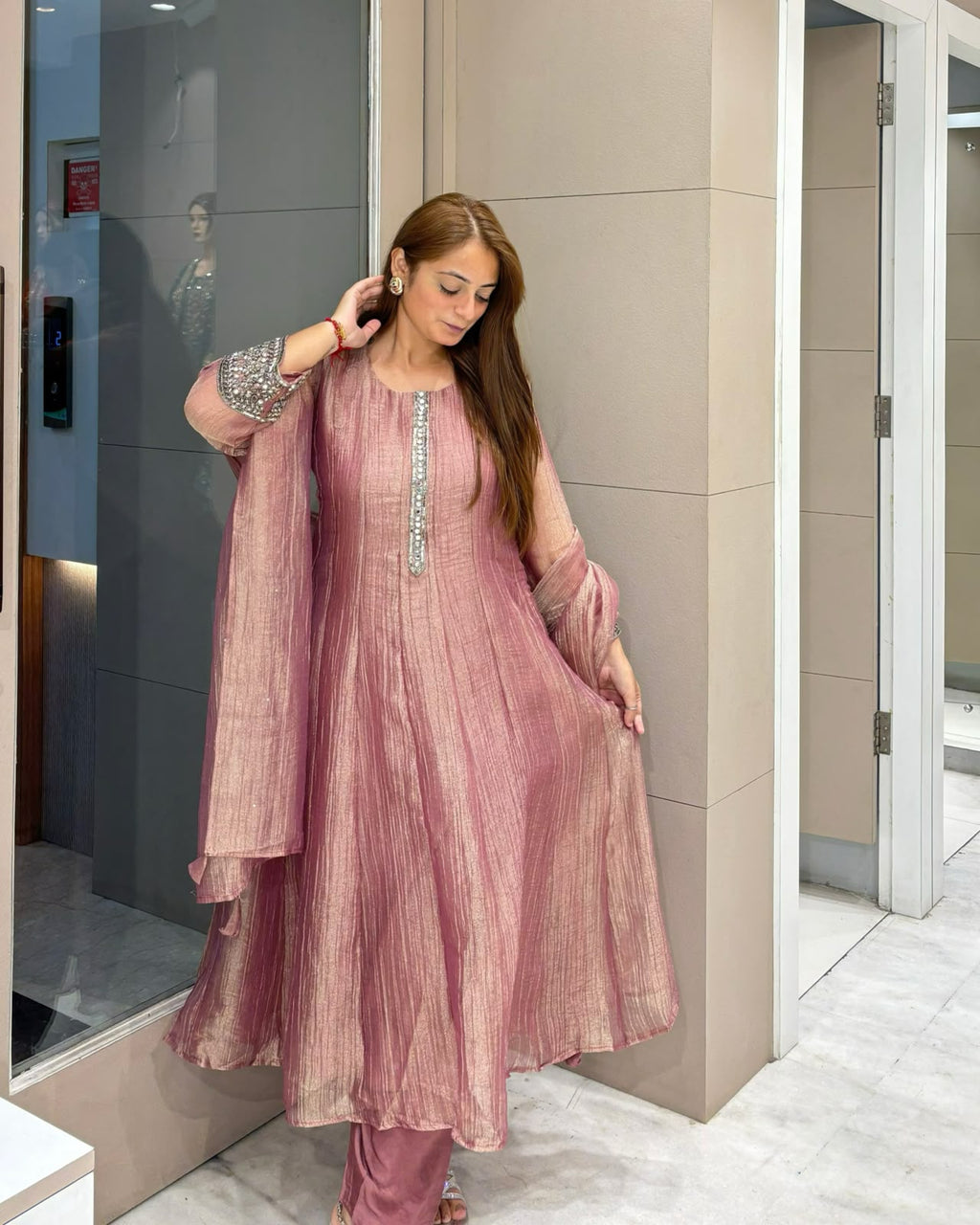 Dusty Rose Embellished Anarkali Suit Set
