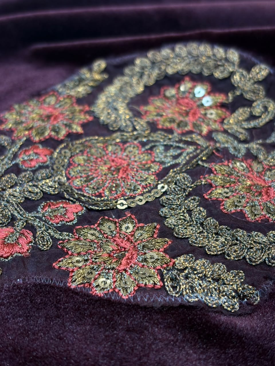 Maroon Embroidered Velvet Winter Suit