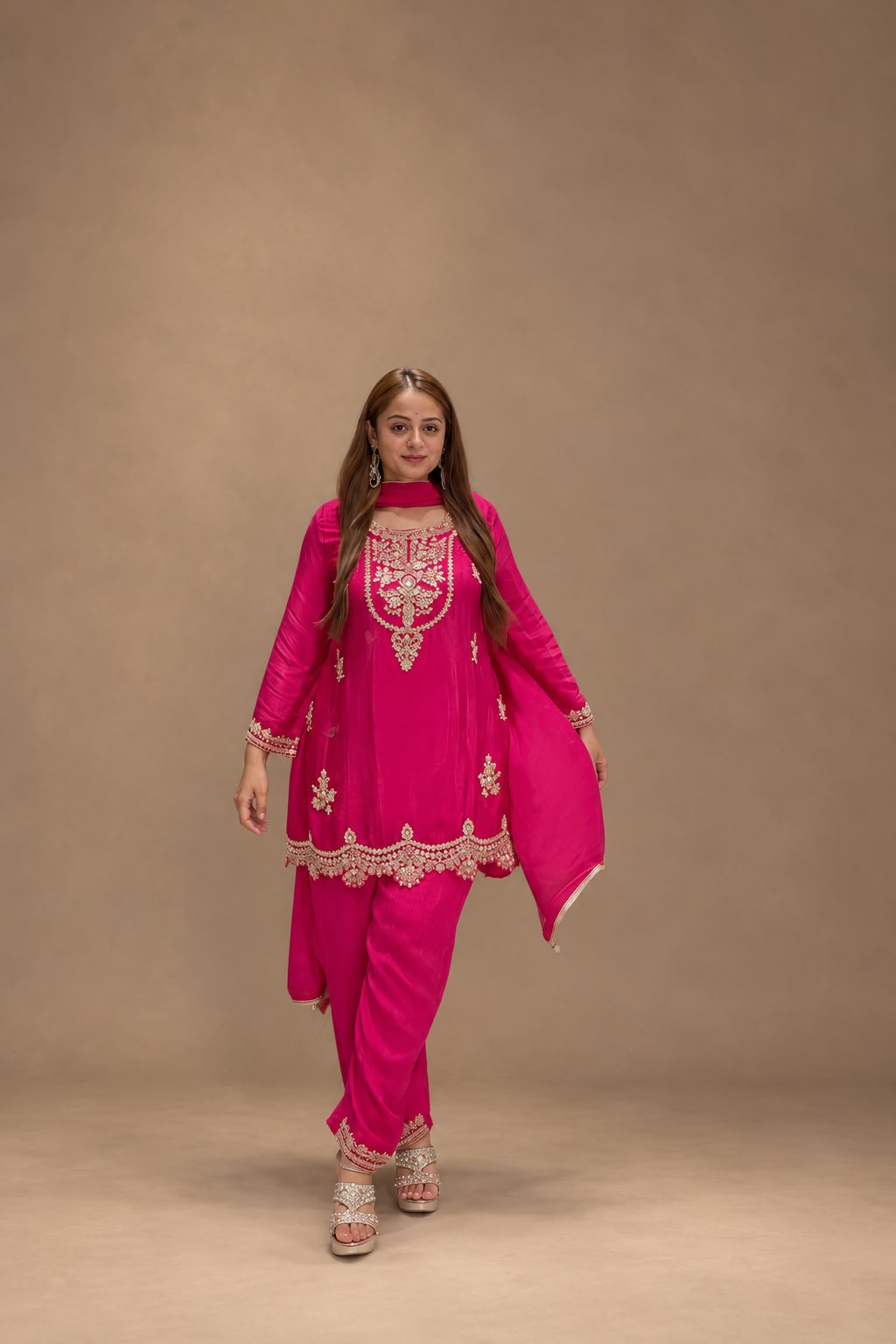 Rani Pink Embroidered Kurta & Trouser Set with Dupatta