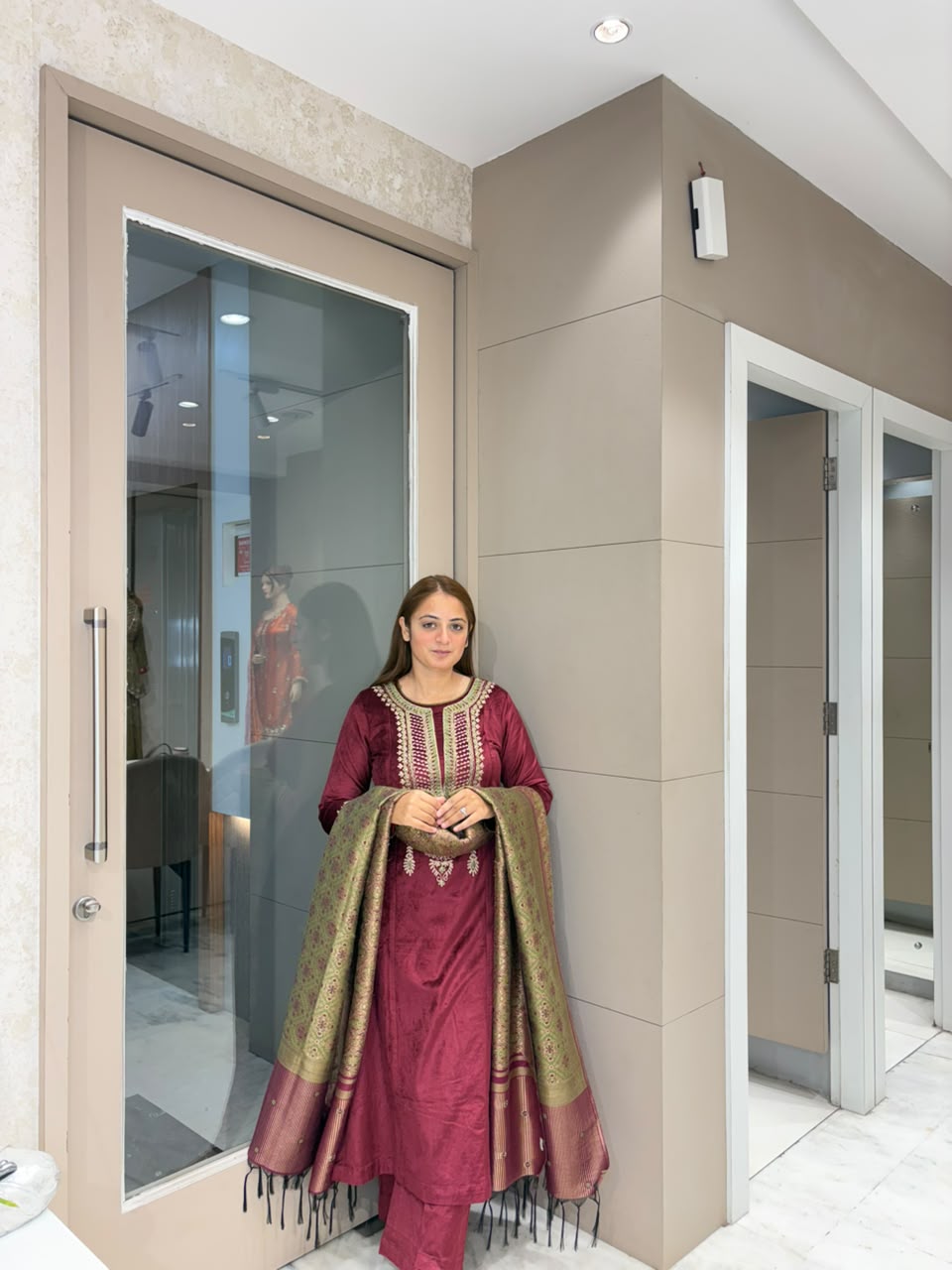 Maroon Velvet Winter Kurta Set with Contrast Dupatta