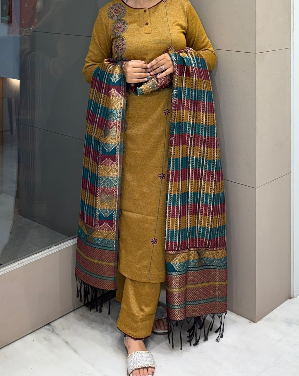 Mustard Embroidered Winter Suit with Multicolour Dupatta