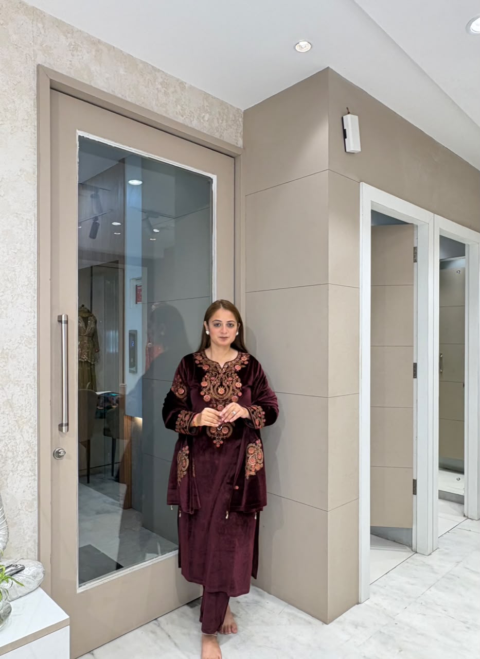 Maroon Embroidered Velvet Winter Suit