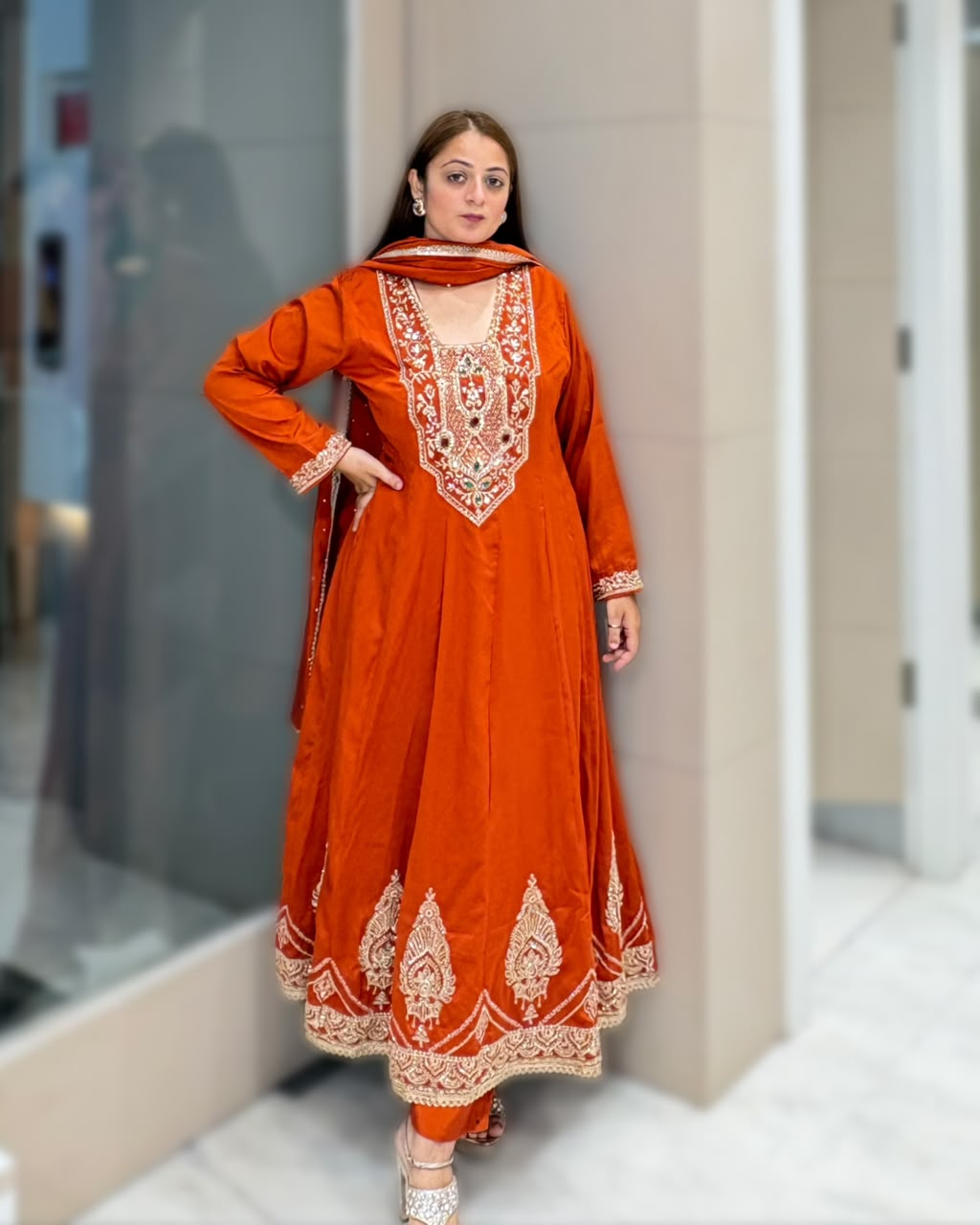 Rust Orange Party Wear Anarkali Set