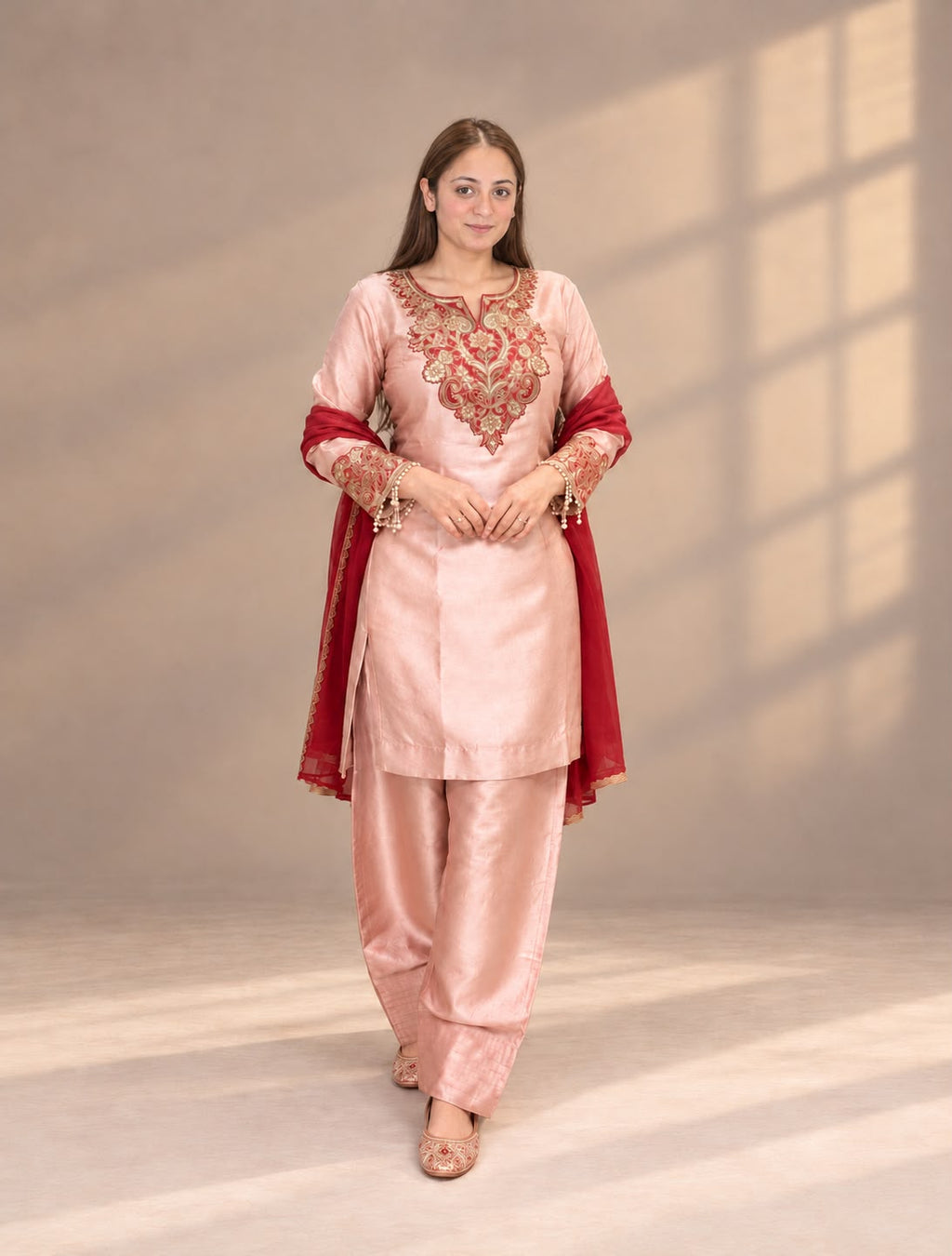 Metallic Red Party Wear Suit with Farshi Salwar