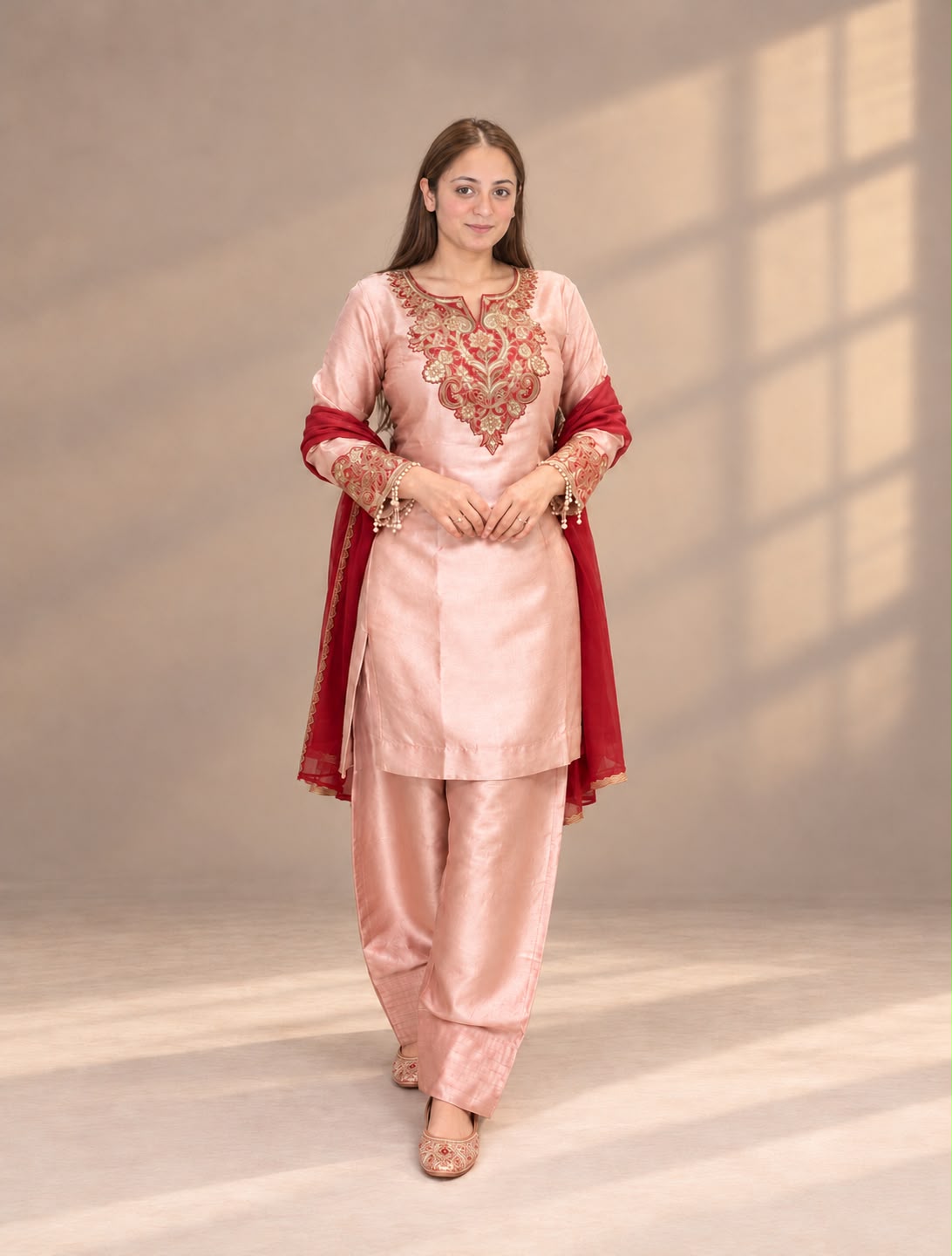 Metallic Red Party Wear Suit with Farshi Salwar