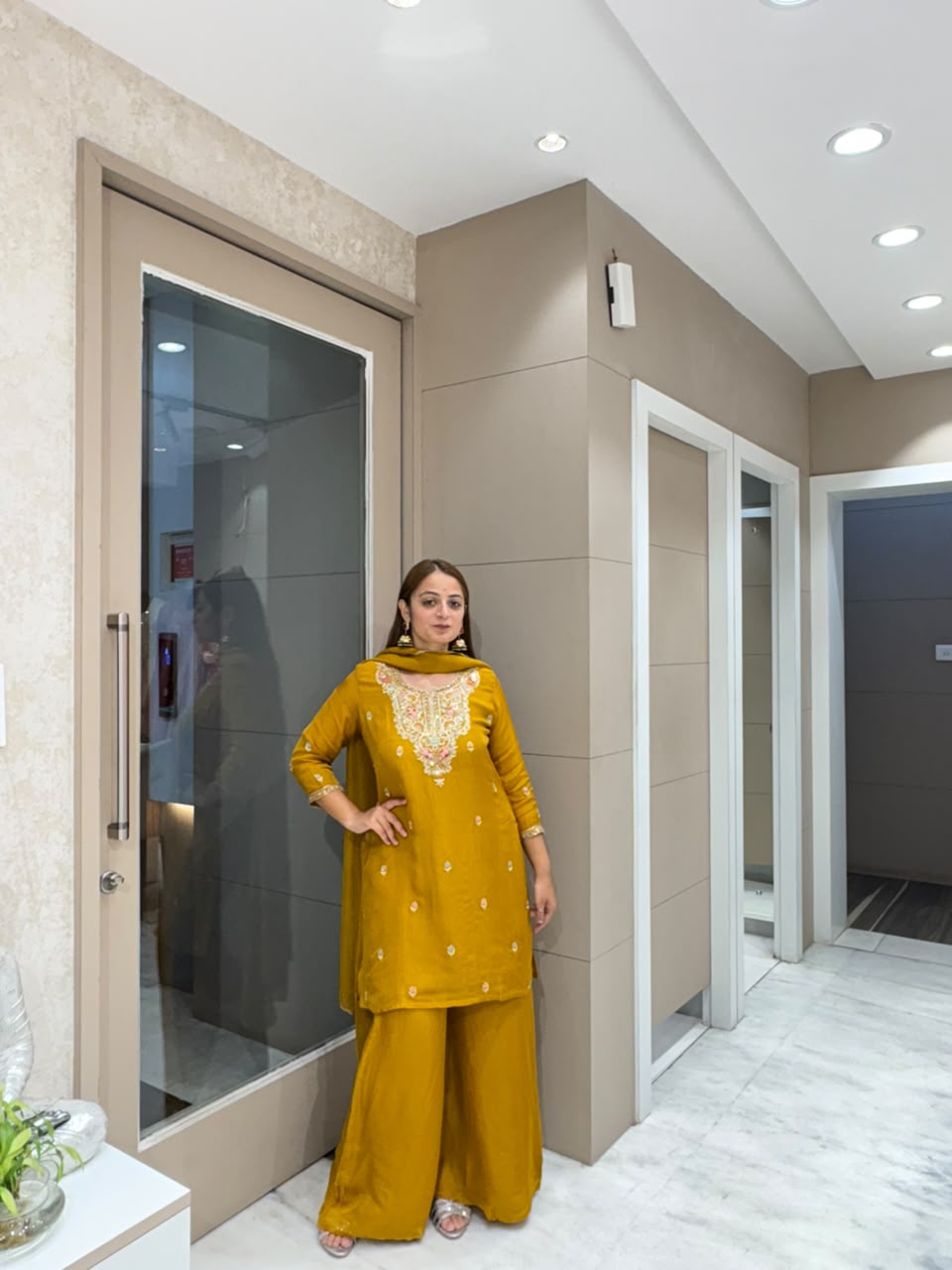 Mustard Yellow Embroidered Palazzo Suit Set