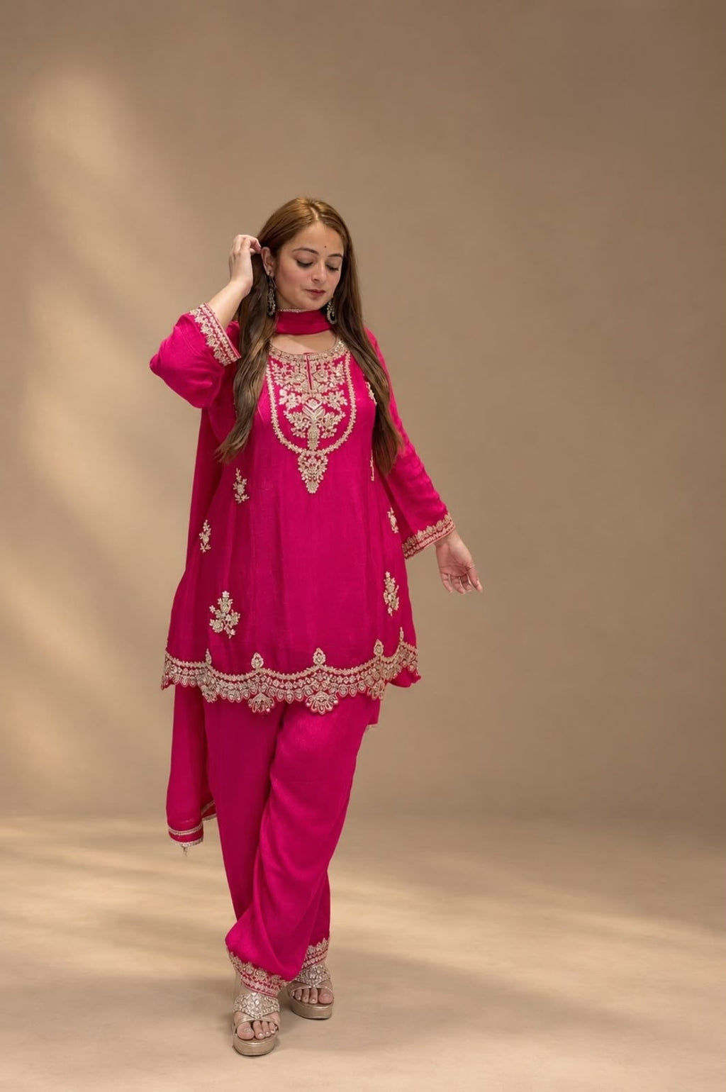 Rani Pink Embroidered Kurta & Trouser Set with Dupatta