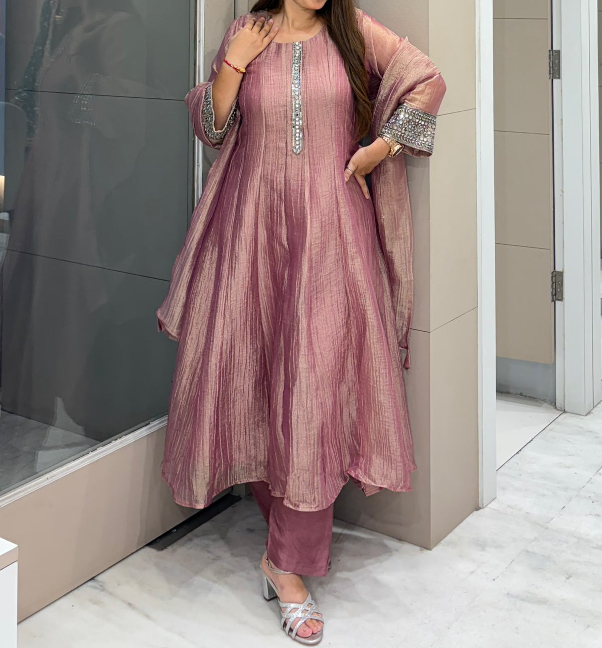 Dusty Rose Embellished Anarkali Suit Set