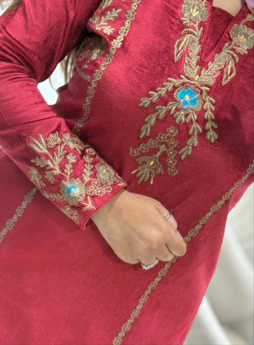 Cherry Red Embroidered Winter Co-ord Set