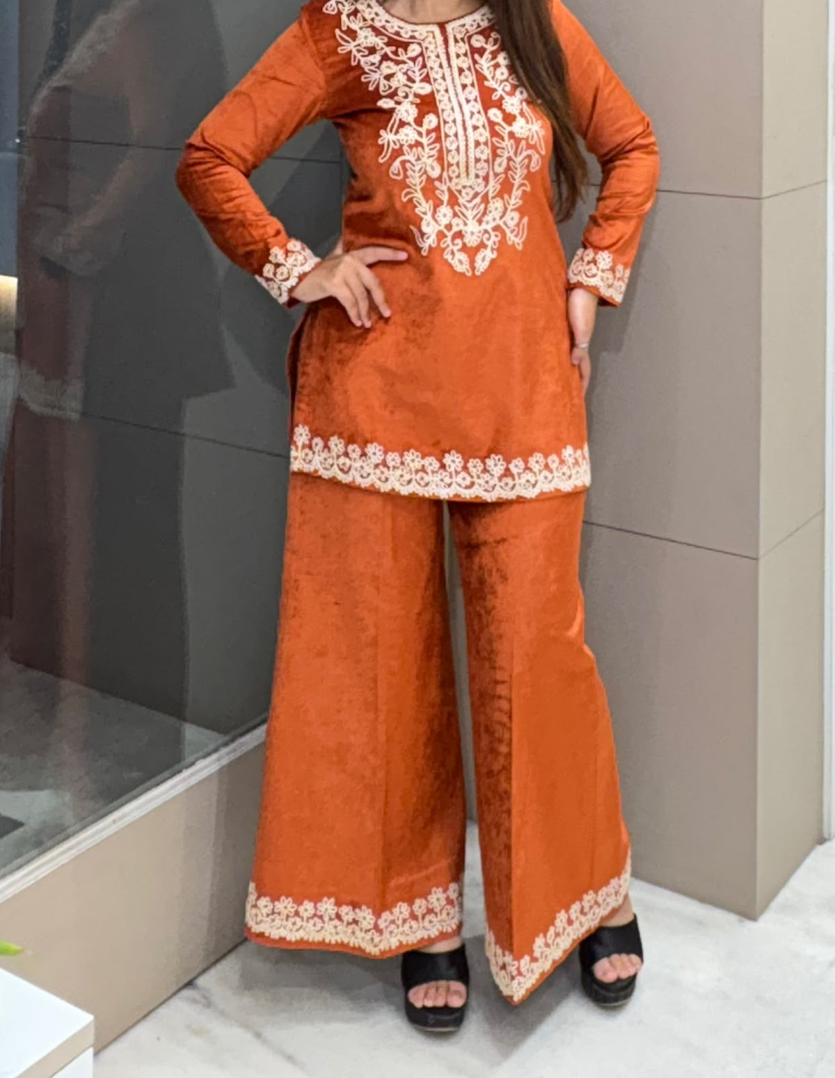 Rust Orange Embroidered Winter Co-ord Set