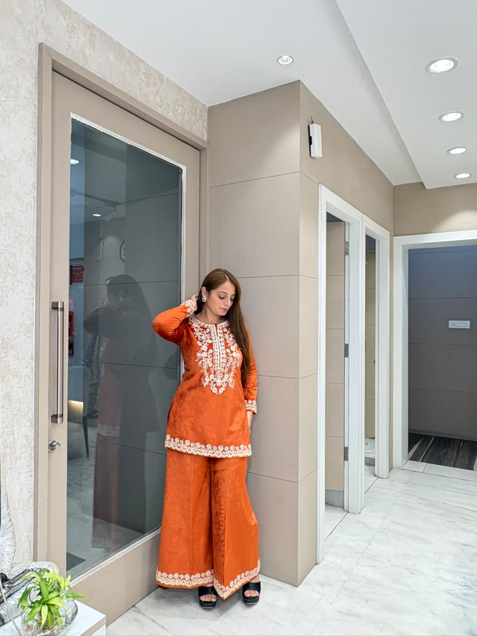 Rust Orange Embroidered Winter Co-ord Set