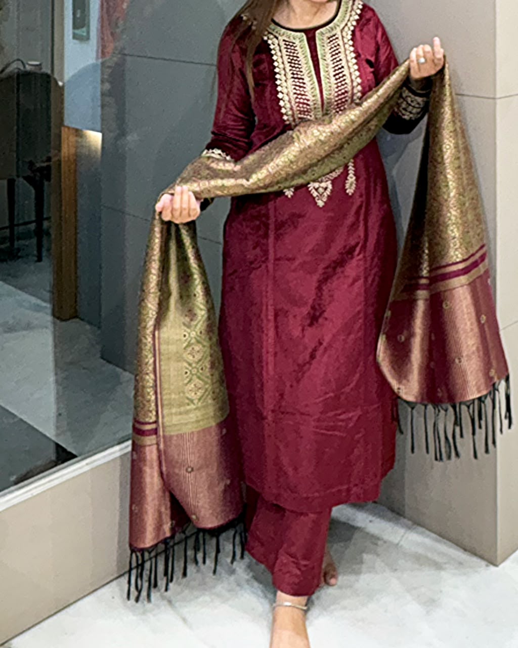 Maroon Velvet Winter Kurta Set with Contrast Dupatta