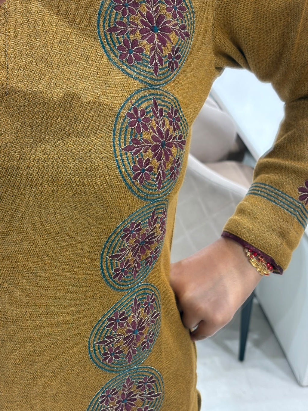 Mustard Embroidered Winter Suit with Multicolour Dupatta