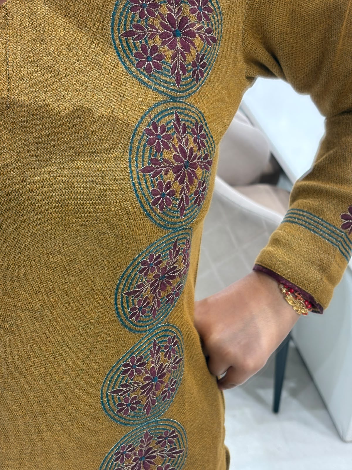 Mustard Embroidered Winter Suit with Multicolour Dupatta