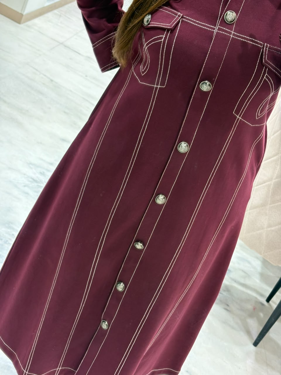 Maroon Winter Denim Dress with Contrast Stitching