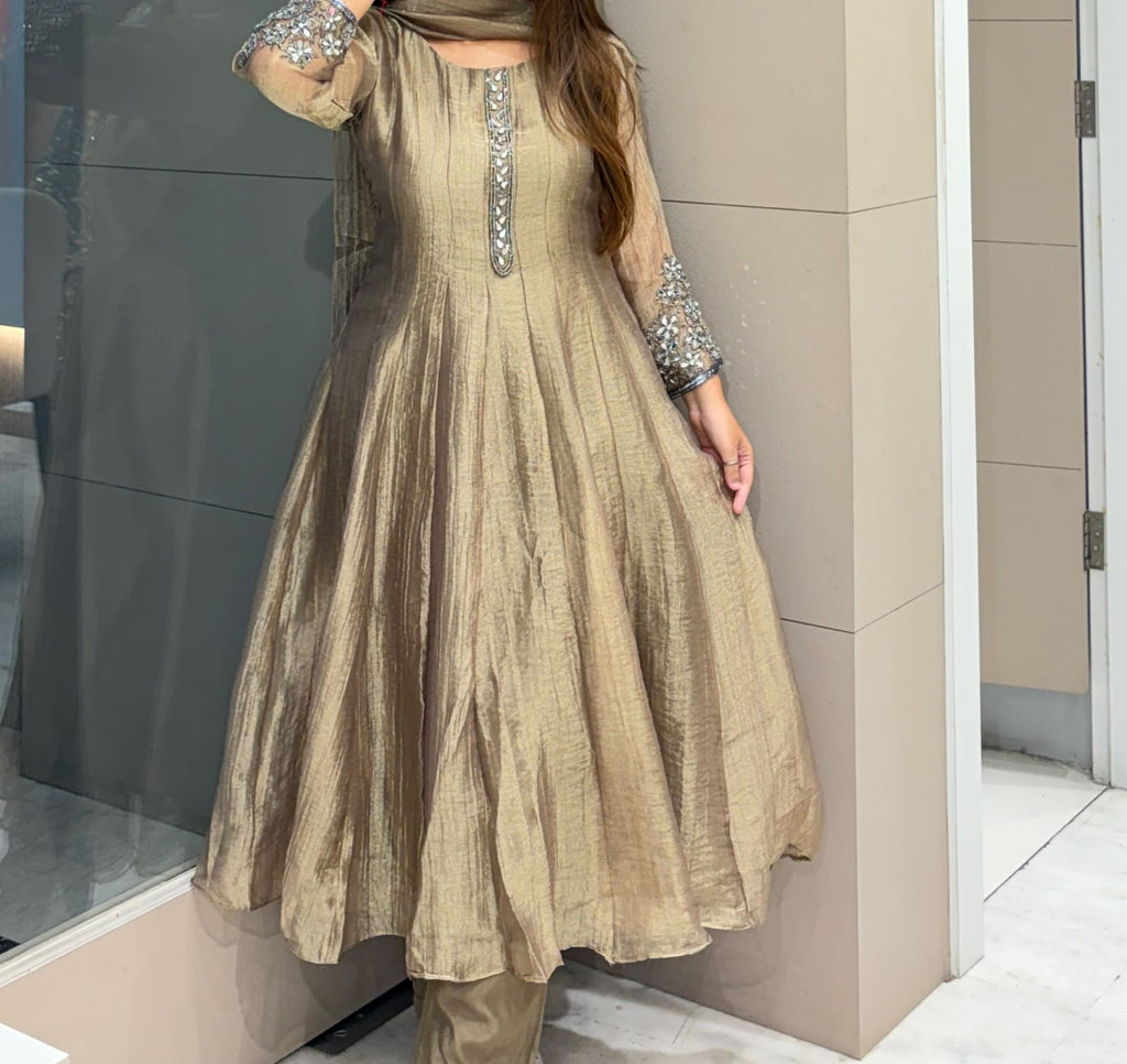Olive Gold Embellished Anarkali Suit Set