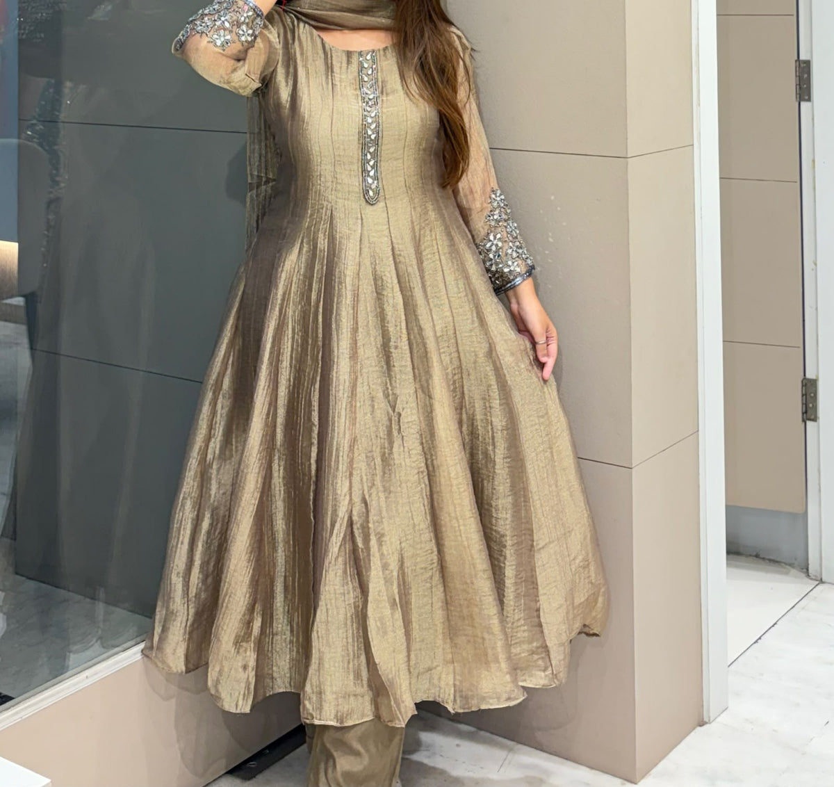 Olive Gold Embellished Anarkali Suit Set