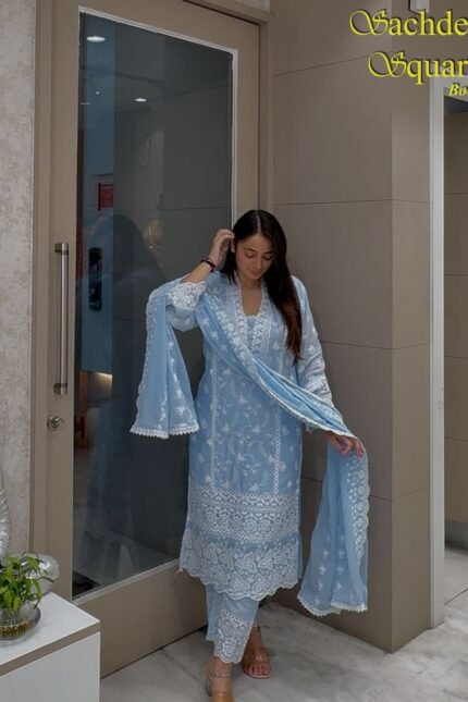 BLUE - WHITE KURTA SET [3 PIECE]